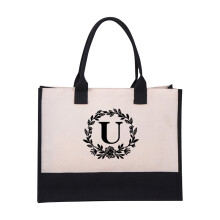 Sac cabas de plage en toile de coton pour femme - Sac shopping tendance à imprimé lettres, 42 x 32 x 15 cm, sac bandoulière décontracté et