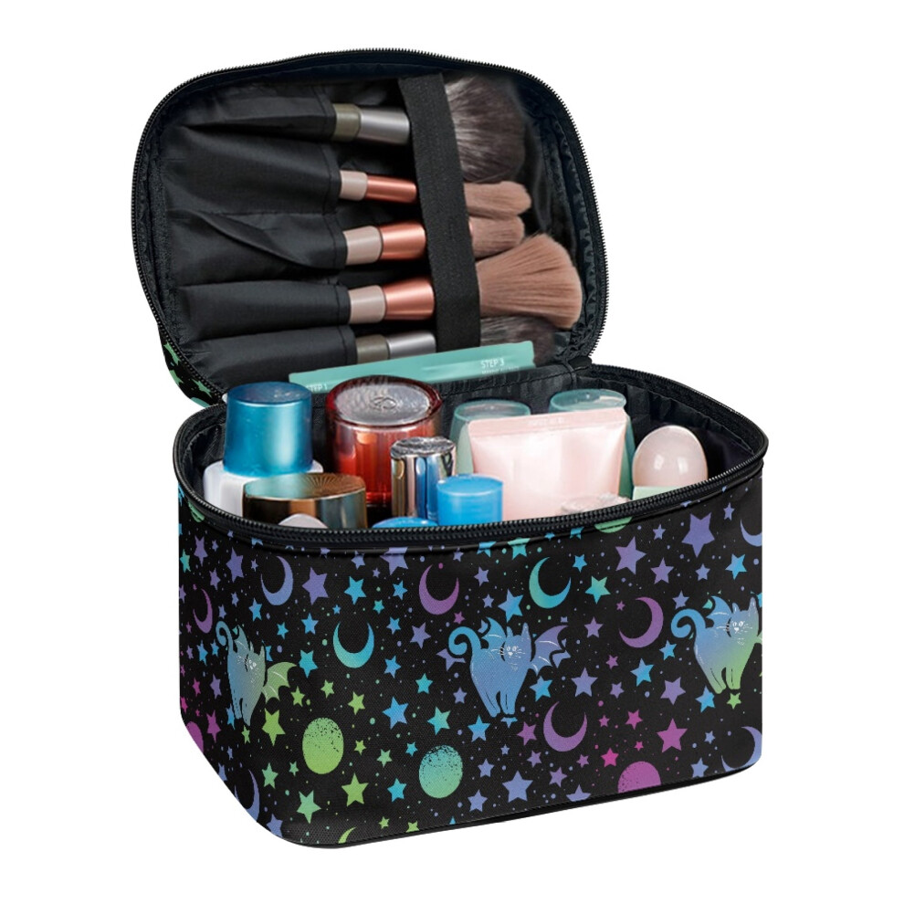 Colorful Cat Starry Sky Portable Makeup Toiletry Organizer with Zipper, Handle & Brush Holders â Compatible with Travel