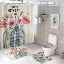 4-Pc Shower Curtain Set with Rug, Pink Floral Mason Jar Design – Waterproof, Compatible with Standard Showers
