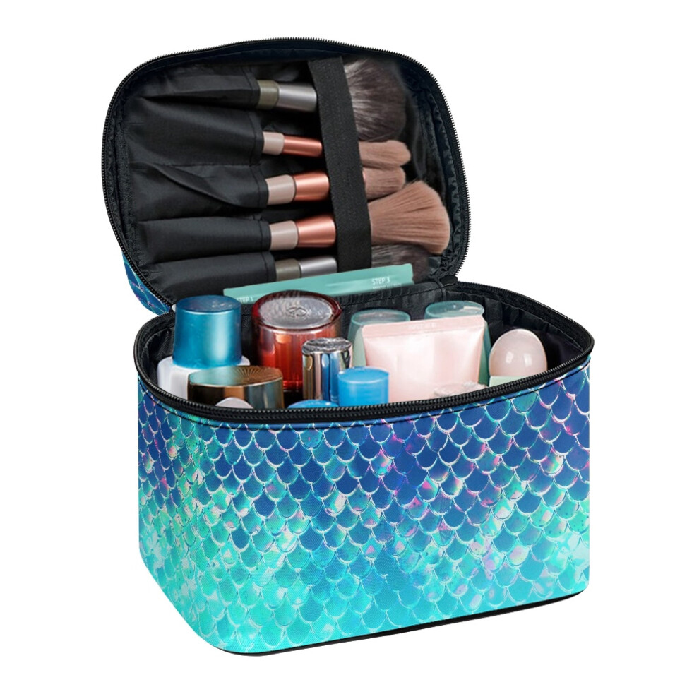 Fish Scale Pattern Portable Cosmetic Bag Case With Zipper & Handle Makeup Brush Bags Hand-Held for Traveling Women Desktop