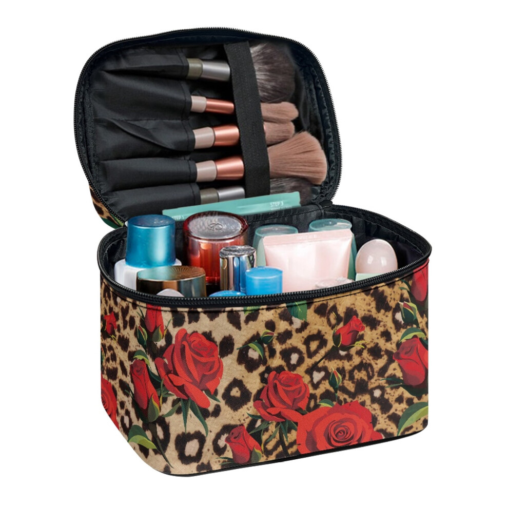 Travel Make up Case with Brush Slots Wide Open Portable Pouch Portable Makeup Bag Rose Leopard Print