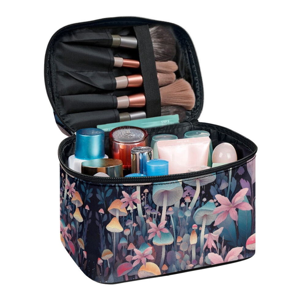 8.86 x 6.5 x 5.9 Inches Effortless Organization Cosmetic Organizer Mushroom and Floral Pattern Double Zipper Door Room Essentials Travel Organizer