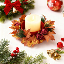 Couronne de bougies automnales, décor de feuilles d'érable orange et de roses rouges, centre de table avec bougeoir pour la décoration intérieure