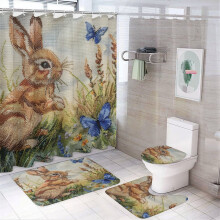 4-Piece Shower Curtain Set with Rugs: U-Shaped Mat, Toilet Lid Cover, Oval Rug, Rabbit & Butterflies Design – Waterproof, Easter Bathroom Decor