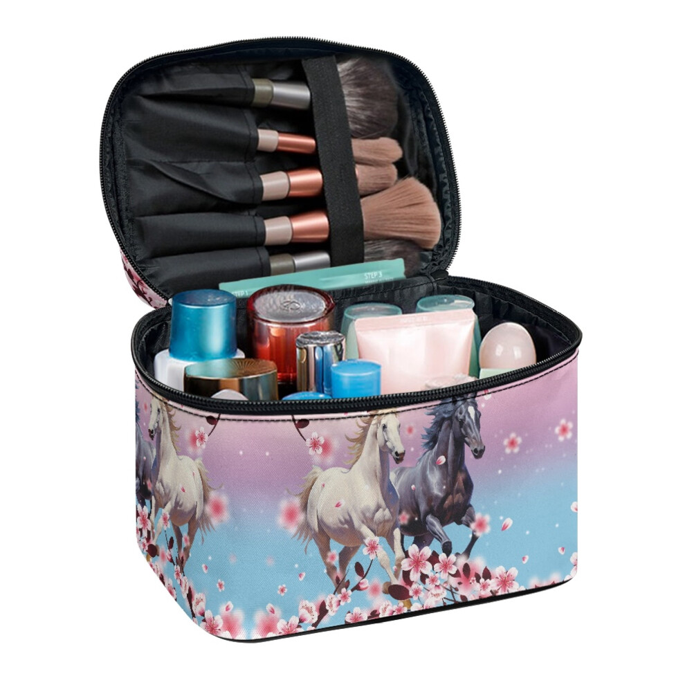 Makeup Case Large Capacity Horse and Cherry Blossom Pattern, Multi-Function Makeup Organizer Travel Portable Teacher