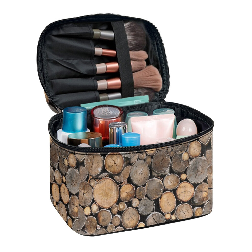 Wooden Log Stack Double Zipper Cosmetic Bag with Brush Slots for Girls Desktop Neatness Beauty Brush Holder Storage Pockets