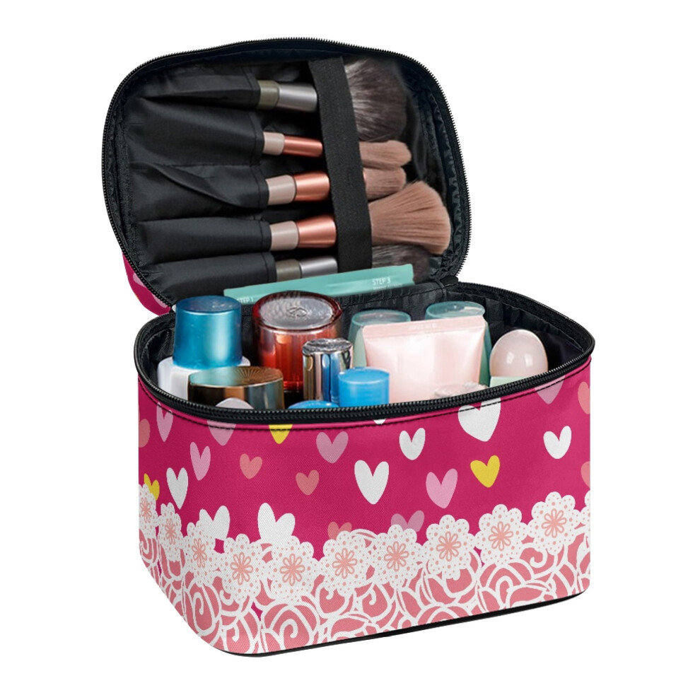 Heart Lace Portable Make Up Bags with Brush Slots Polyester Hand-Held Travel Make Up Organizer