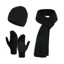 3-Pack Winter Gloves, Touchscreen Beanie & Extra-Long Scarf for Men/Women – Thermal Fleece Lined, Black
