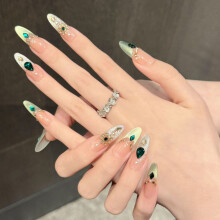 (2856) 10PCS Green Cat Eye Fake Nails for Girls