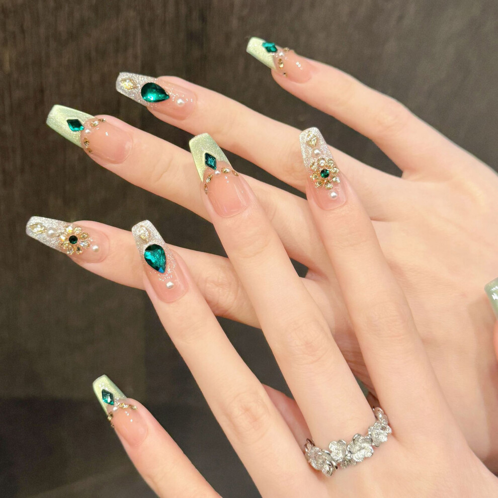 Dachuang Beauty (2854) 10Pcs Green Cat Eye Fake Nails For Girls