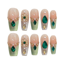 (2854) 10PCS Green Cat Eye Fake Nails for Girls