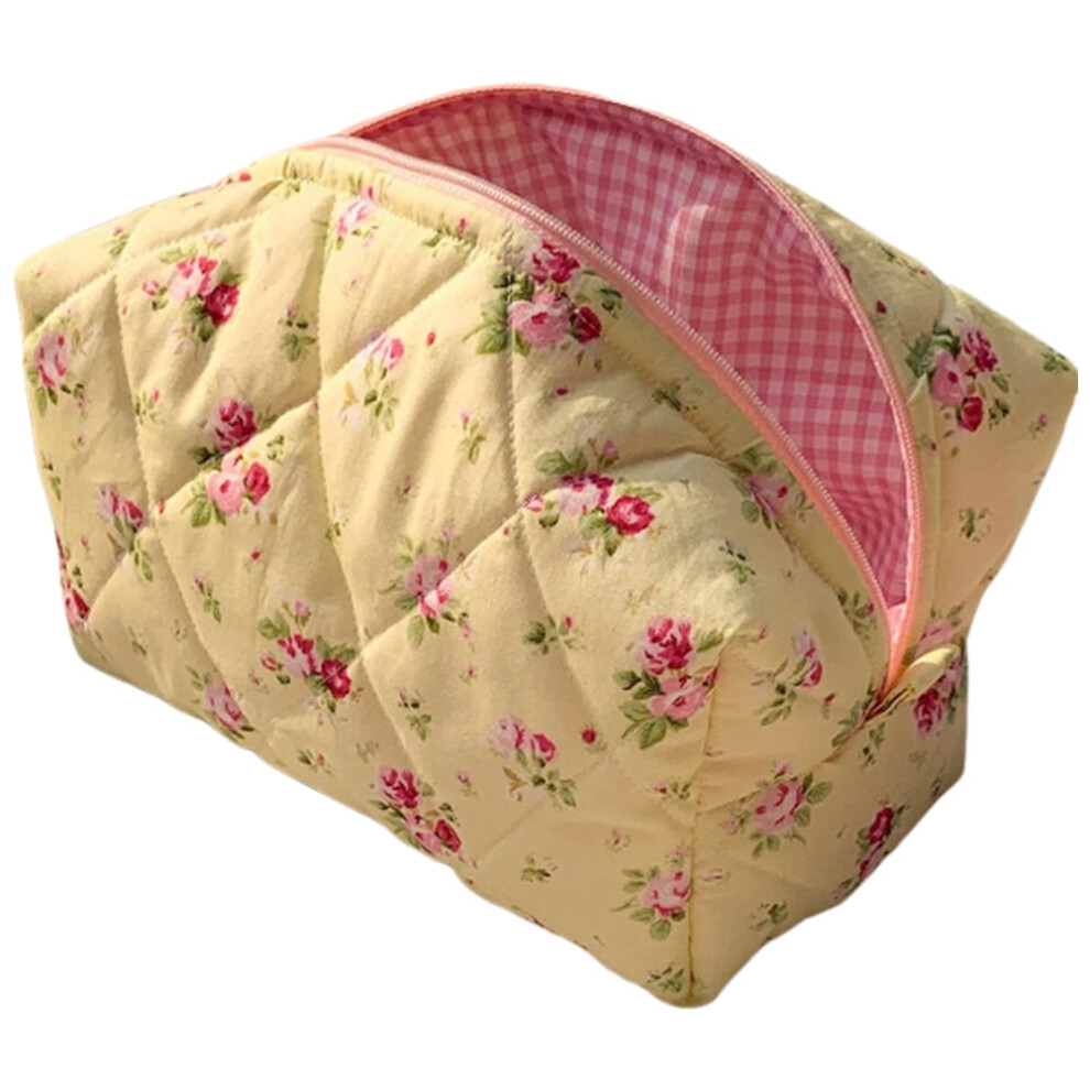 Cute Floral Makeup Bag Large Quilted Cosmetic Bag Toiletry Bag For Women(yellow) Portable cosmetic bag (Yellow)