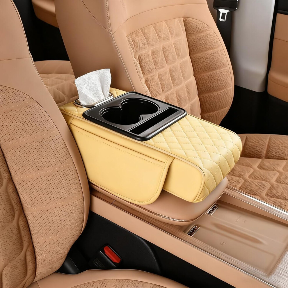 Multifunctional Pu Leather Car Armrest Box Mat | Universal Memory Foam Center Console Cover With Cup Holder, Tissue Box & Phone Slot 9065194480312
