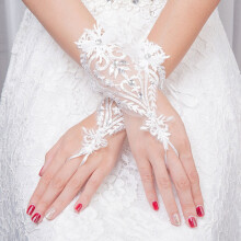 Pearl & Crystal Lace Bridal Gloves, Ivory Sheer Fingerless Wedding Gloves with Tulle & Flower Wrist Cuff – Compatible with Bridal Outfits