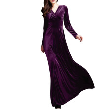 Robe de soirée automne-hiver pour femme, en velours doré, col en V, manches longues, couleur unie, violette, taille XXL