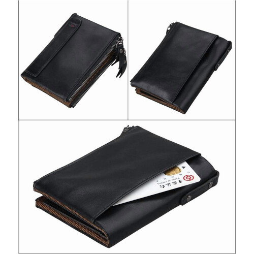 Men's Folding Double Zip Wallet RFID Blocks Retro Short Coin Purse 1