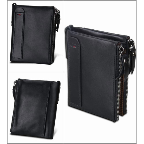 Men's Folding Double Zip Wallet RFID Blocks Retro Short Coin Purse 2