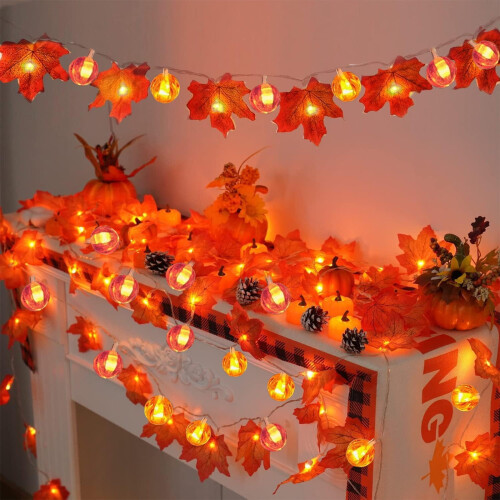 Fall Garland with Pumpkin Lights and Maple Leaves 59 in
