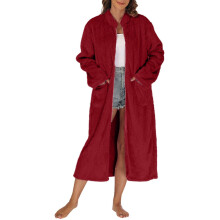 Nrmvnmi Long Zip-Up Plush Robe for Women, Solid Color Warm Thick Winter Bathrobe with Pockets, Loungewear – Compatible with All Standard Sizes