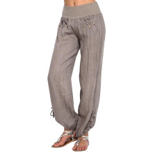 Women's High-Waist Flowy Linen Beach Pants, Boho Wide-Leg Gaucho Trousers with Pockets, Khaki, S-5XL, Compatible with Casual & Vacation Styles