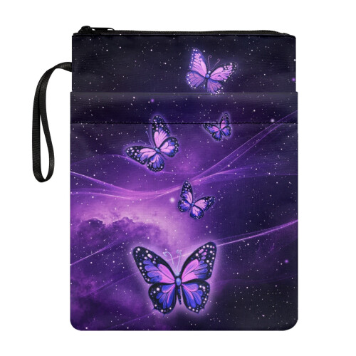 Purple galaxy butterflies polyester zipper pouch with handle