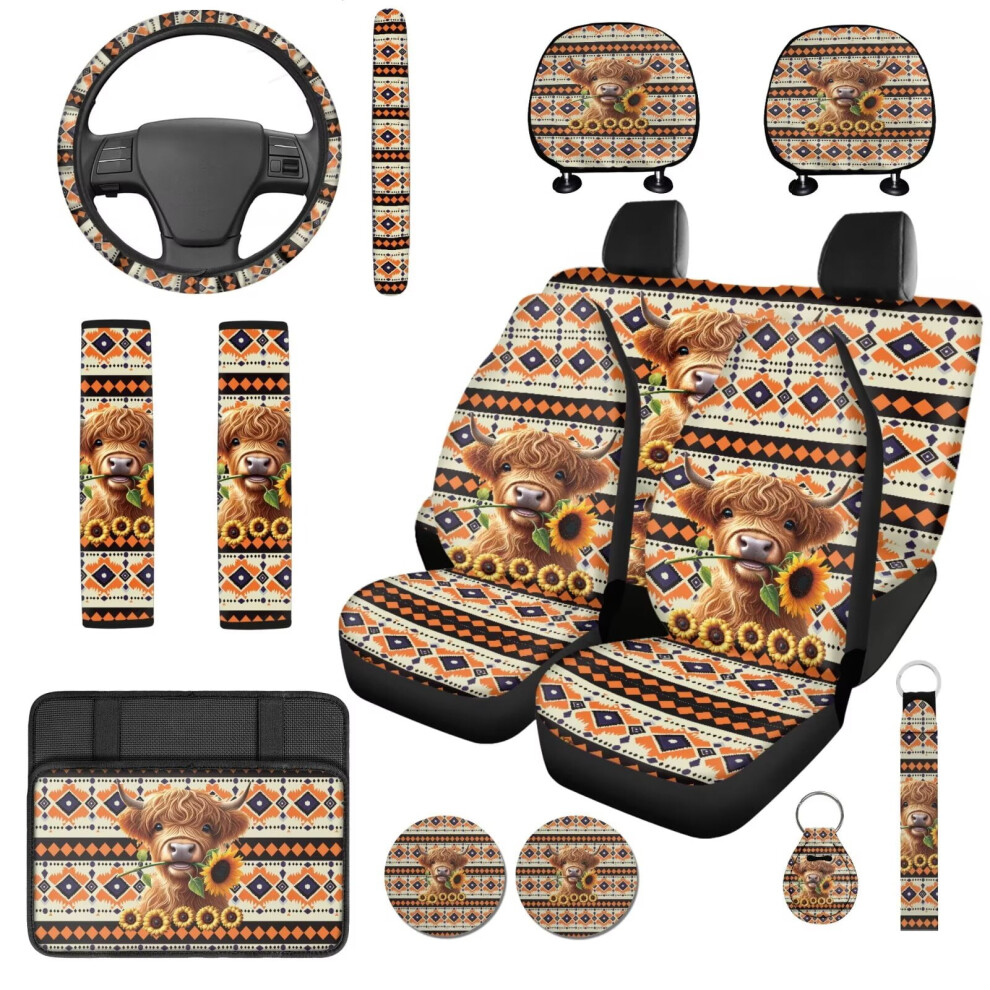 Aztec Highland Cow 14-Pc Car Accessories Set: Seat Covers, Headrest, Steering Wheel, Console & Seat Belt Covers, Keychain Â Soft Elastic Fit For 9122141099970