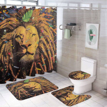 Ensemble de rideau de douche 4 pièces avec tapis antidérapants et tapis de couvercle de toilette – Décoration de salle de bain animaux sauvages
