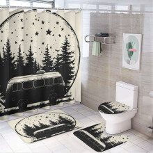 Camper-Themed 4-Piece Shower Curtain Set: Rug, Toilet Lid Cover & Non-Slip U-Shape Mat – Waterproof, Tree Camping Design