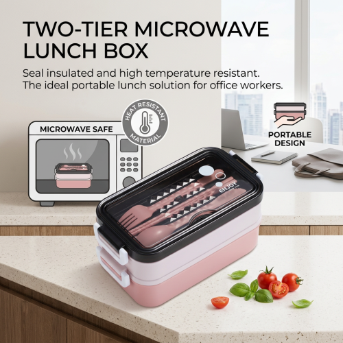(Pink) Microwave Lunch Box, Double Layer, Heat Resistant 1