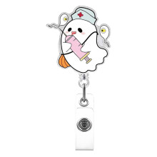 Adorable Ghost Halloween Acrylic Badge Reel with Retractable Lanyard – 360 Rotating Clip for ID Cards, Keys; Compatible with Teachers, Nurses,