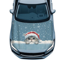 Stretch Polyester Car Hood Cover, Universal Fit for Cars, Trucks, Vans, SUVs – Christmas Cat Print, Easy Install, Compatible with All Models