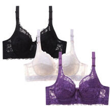 3pc Push Up Bras for Women Plus Size Floral Lace Underwire Soft Cup Everyday Bra Black 44D