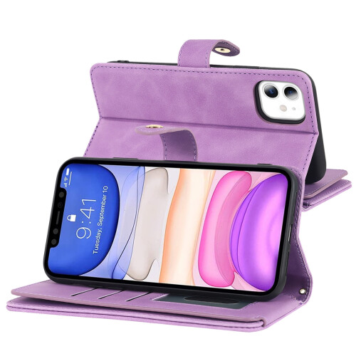 Ανοιχτόχρωμη μωβ θήκη πορτοφολιού για iPhone11 – χιαστί, με προστασία RFID, φερμουάρ, 2