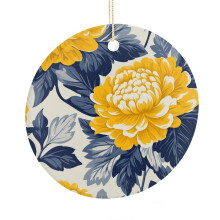 Navy & Yellow Dahlia Flower Ceramic Christmas Ornament, 3", Custom 2025 Xmas Tree Decoration