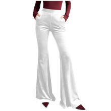 Womens White Velvet Pants High Waisted Wide Leg Trousers, Flare Leg Retro Palazzo with Elastic Waist & Pockets for Elegant or Party Wear,Size 2XL