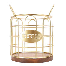 Iron Wire Coffee Pod Holder with Weighted Wood Base – Gold Metal & Wood Capsule Storage Basket for Kitchen