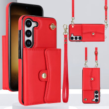 RFID-Blocking Crossbody Wallet Case for Samsung S20 FE – Leather Flip Cover with Lanyard & Card Holder, Red
