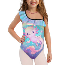 Rainbow Axolotl Girls Swimsuit One Piece Swimwear Bathing Suit with Adjustable Strap One Shoulder Swimming Suits, Size 7-8