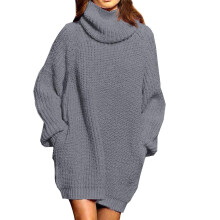 Women's Turtleneck Sweater-Oversized Sweater Loose Pullover Knit Dress(Gray) S