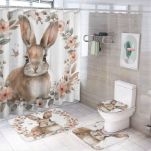 4-Pc Shower Curtain Set w/ Non-Slip Rug, Toilet Lid Cover & Bath Mat – Cute Bunny & Flower Wreath, Waterproof, Easter Theme