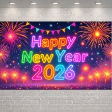 Pancarta colorida de neón de Feliz Año Nuevo 2026 con fuegos artificiales y estrellas – Fondo para fiesta de Nochevieja, compatible con