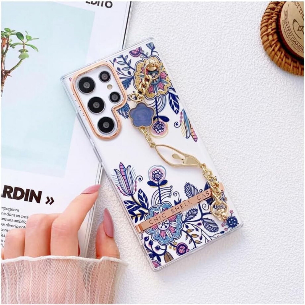 Flowers Sparkle Glitter Case For Samsung Galaxy S23 Ultra & S24 Ultra – Shockproof, Non-Yellowing, With Bracelet 9405492456099