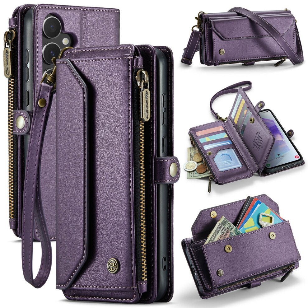 Compatible With Samsung A35 Â Rfid Blocking, Shockproof Pu Leather Magnetic Flip Case With Zipper Card Holder, Purple 9097180876342