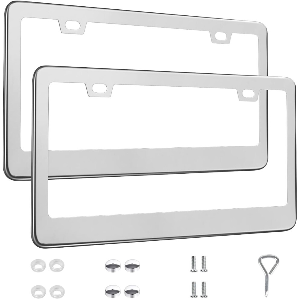 2 Pack License Plate Frames, Stainless Steel Car License Plate Cover Car Accessories With Screw Caps (Silver) Silver 9362892472107