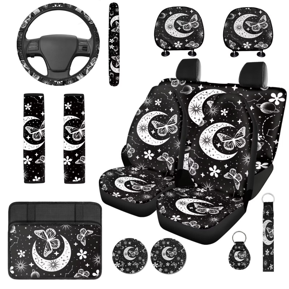 Gothic Moon Butterfly Auto Seat Cover Set (14 Pcs) Â Elastic Headrest, Console, Steering Wheel Covers, Seat Belt Pads, Keychain; Compatible With Car 9426043671860