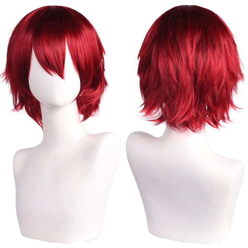 Unisex Red Short Anime Cosplay Wig, Fluffy Laye Heat-Resistant Synthetic Hair With Bangs Â Dark Compatible With Costume Parties, Prom & Themed