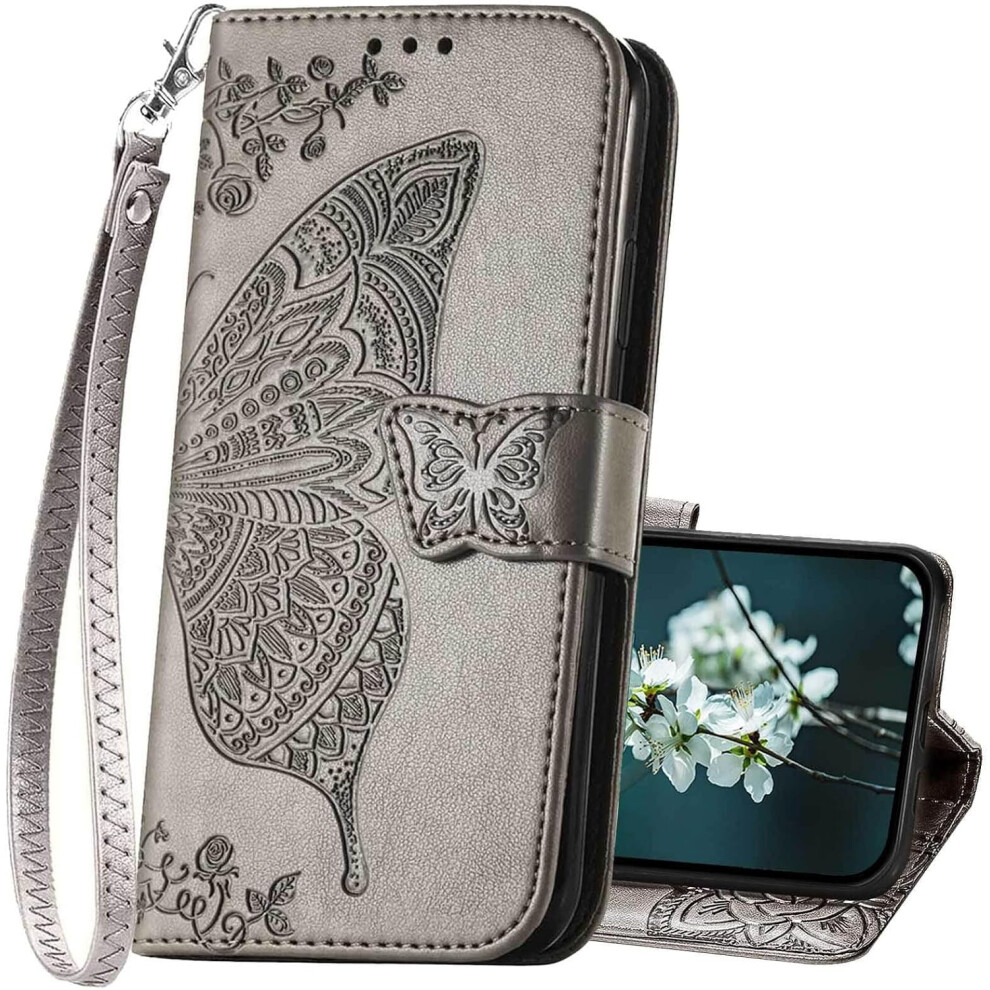 Butterfly Embossed Pu Leather Wallet Case For Women, Flip Folio Stand With Card Slots Â Compatible With Iphone 16 (6.1", ) Gray 9405492456709