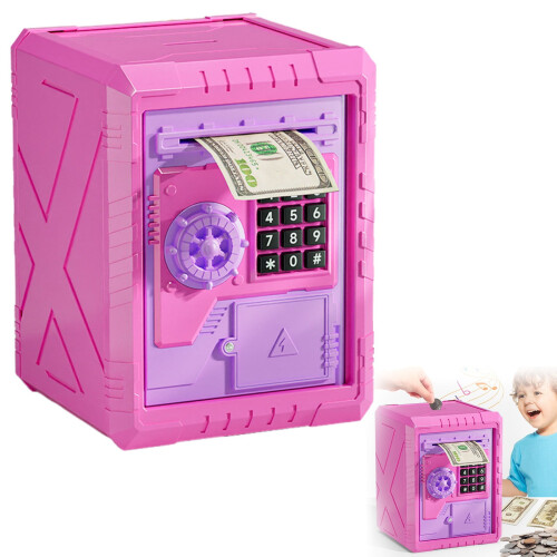 Cofrinho dourado infantil com trava de senha e compartimento automático para notas – Compatível com moedas/dinheiro de verdade, presente para 1