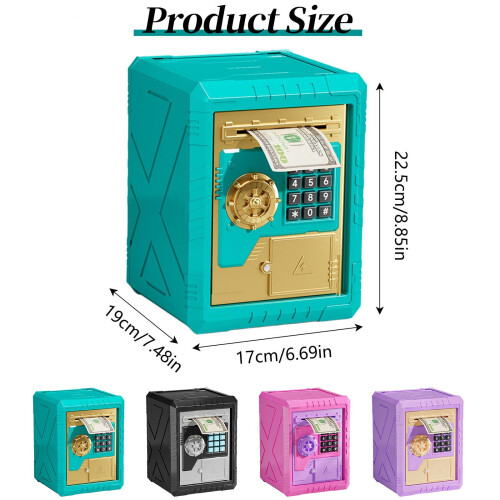 Cofrinho dourado infantil com trava de senha e compartimento automático para notas – Compatível com moedas/dinheiro de verdade, presente para 2
