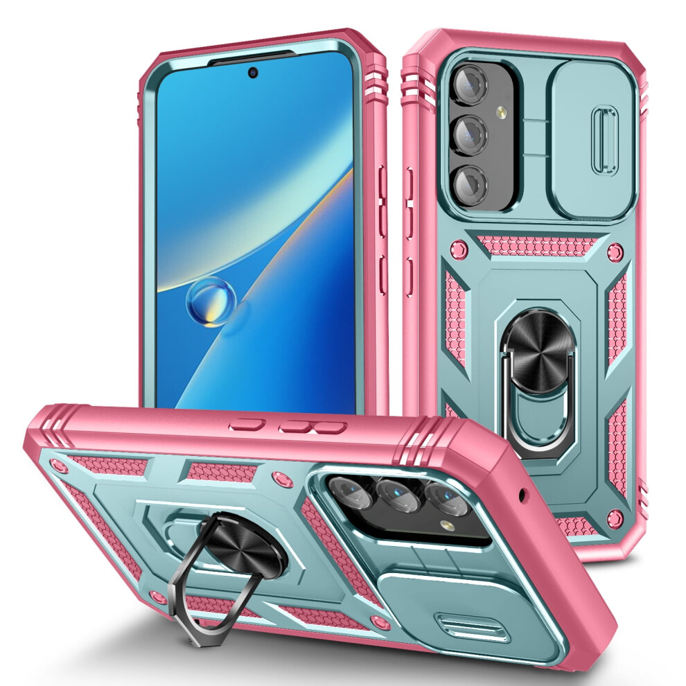 Samsung Galaxy A25 5G Case Â Rugged Hybrid With Slide Lens Cover, Shockproof, Ring Holder & Kickstand, Mint Pink 9097180876595